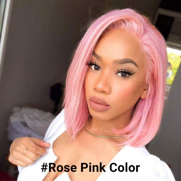 Pink Color Straight Hair Bob Wig Human Hair 13X4 Lace Front Wig