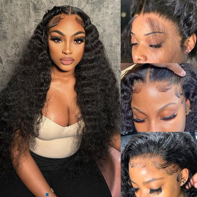 Idoli Black Deep Wave Pre Plucked Lace Front Human Hair Wigs with Baby Hair