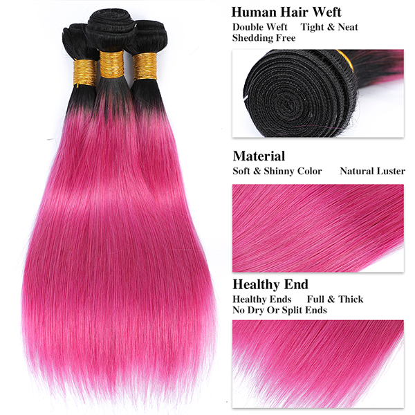 1B/Pink Color Straight Hair Weave 3 Bundles