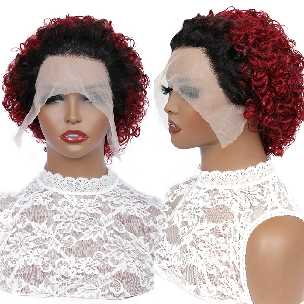 99J Burgundy Color Curly Wig Pixie Cut Short Bob Wig