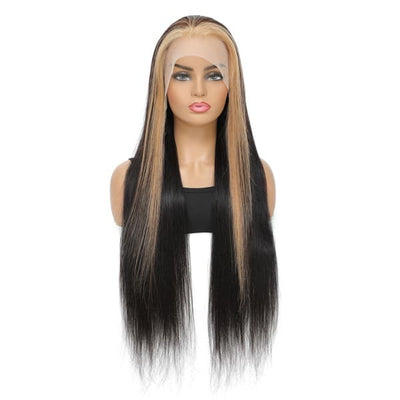 Blonde and Black Color Skunk Stripe Wig Straight Hair Wig Lace Front Wig