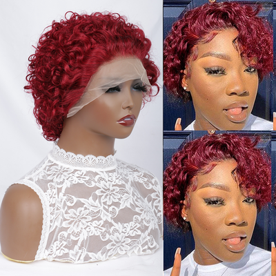 99J Burgundy Color Curly Wig Pixie Cut Short Bob Wig