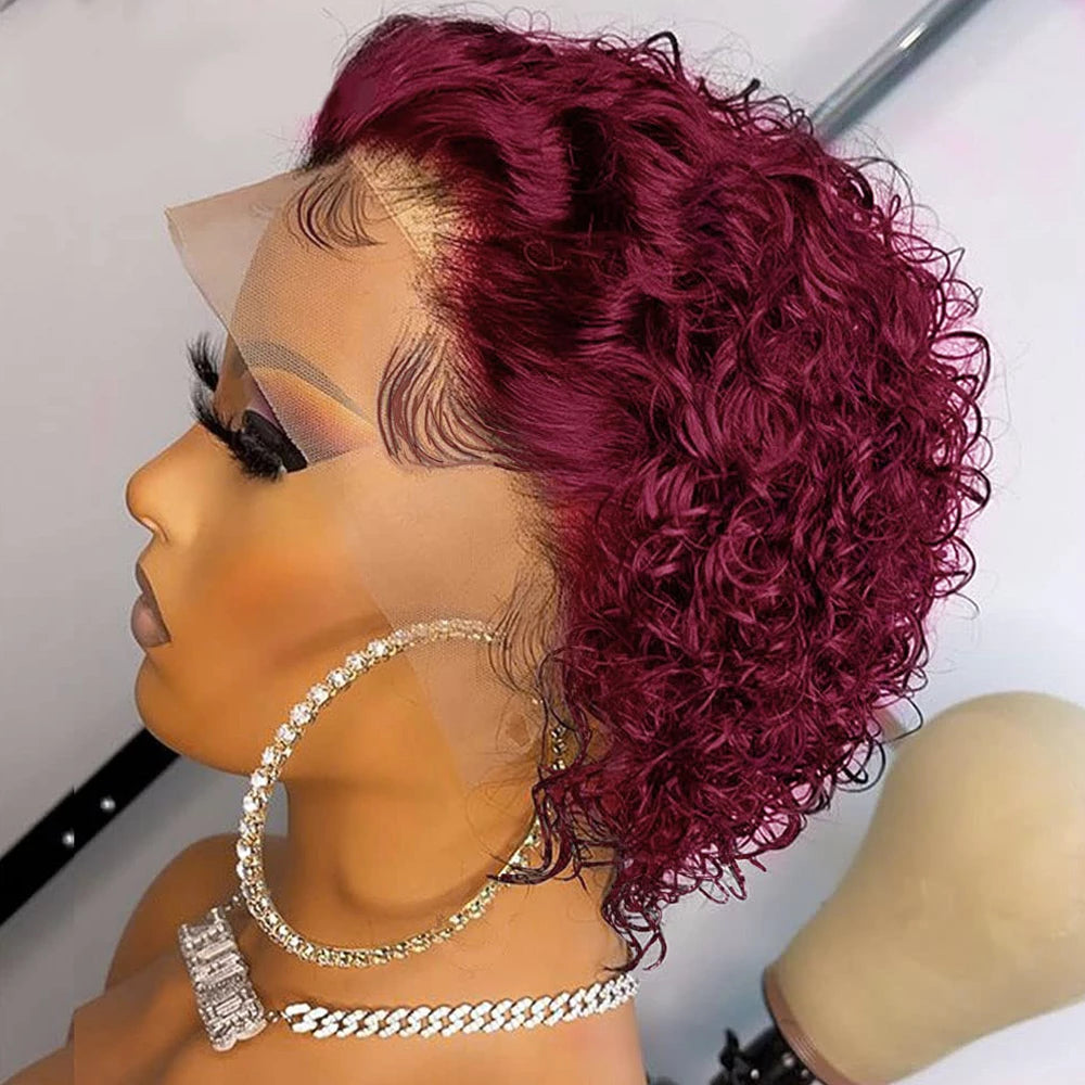 99J Burgundy Color Curly Wig Pixie Cut Short Bob Wig