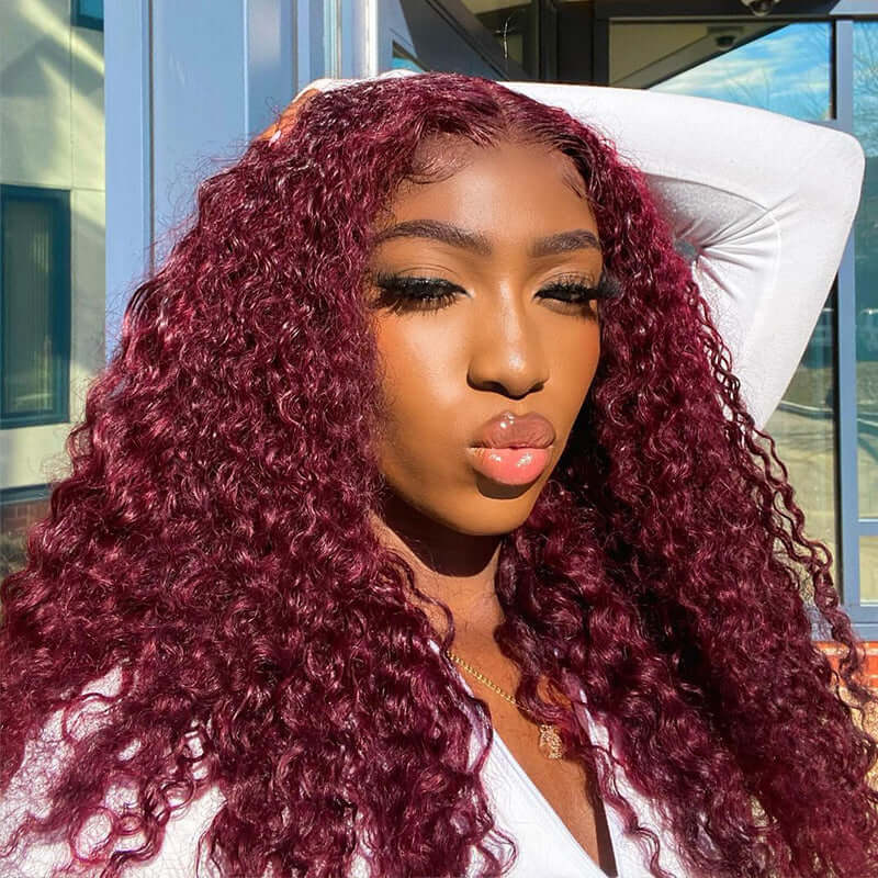 99J Color 13x4 Lace Front Wig Curly Wig Human Hair Wig