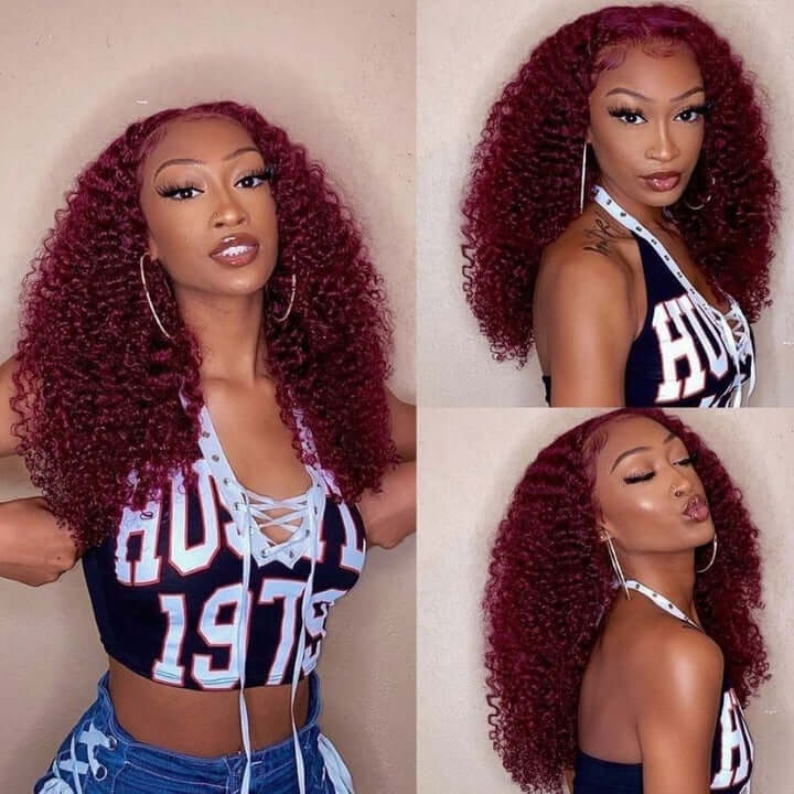 99J Color 13x4 Lace Front Wig Curly Wig Human Hair Wig