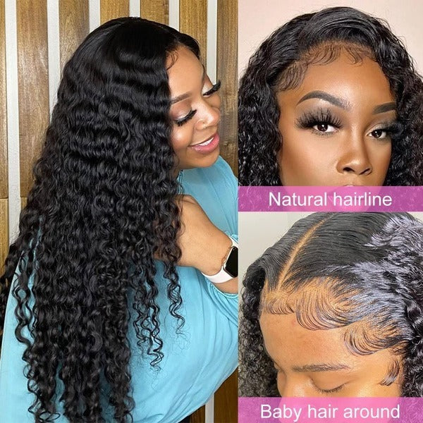 Idoli Black Deep Wave Pre Plucked Lace Front Human Hair Wigs with Baby Hair