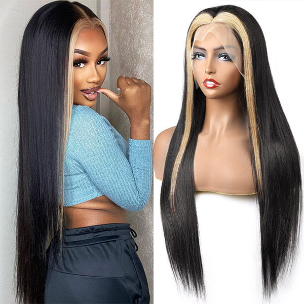 Blonde and Black Color Skunk Stripe Wig Straight Hair Wig Lace Front Wig