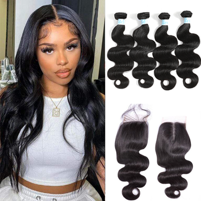 Indian Body Wave Hair 4 Bundles with Lace Closure