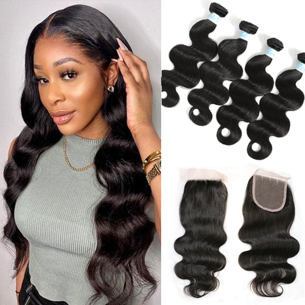 Indian Body Wave Hair 4 Bundles with Lace Closure