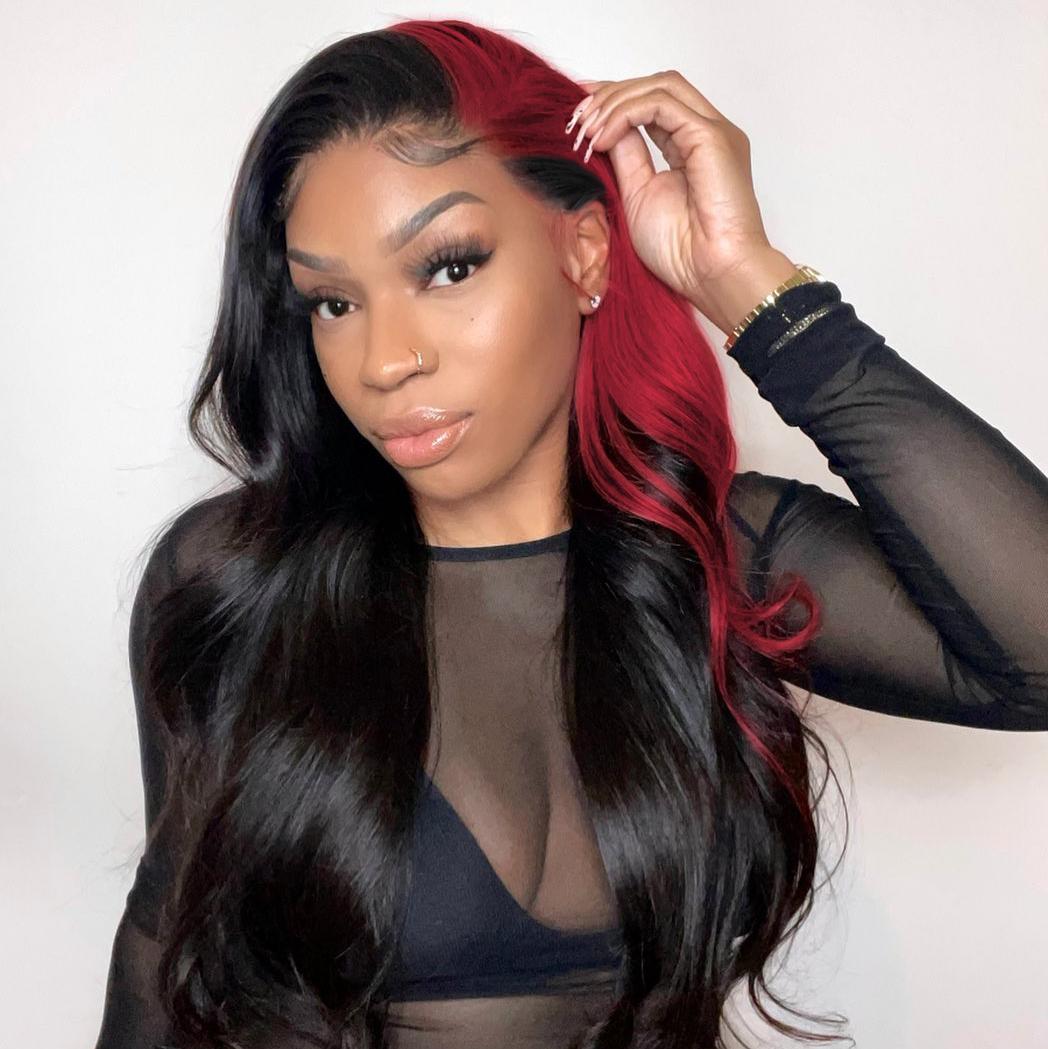 Cherry Red Skunk Stripe Wig Body Wave Wig 13x4 Lace Front Wig