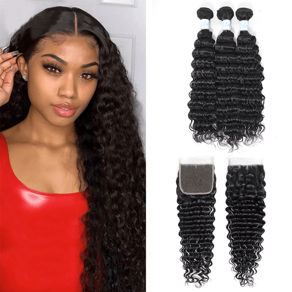 Virgin Peruvian Deep Wave Hair 3 Bundles with Lace Closure - Idoli Hair