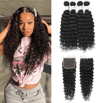 Virgin Peruvian Deep Wave Hair 4 Bundles with Lace Closure - Idoli Hair