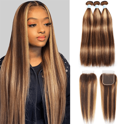 Highlights Straight Hair 3 Bundles with Closure Virgin Brazilian Hair - Idoli Hair