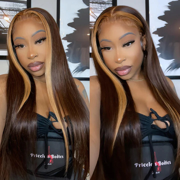 Idoli Hair Honey Brown Skunk Stripe Straight Hair Wig 13x4