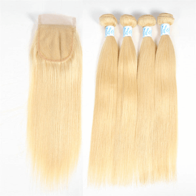 Best Brazilian Straight Hair Weave 4 Bundles with Closure 613 Blonde Color - Idoli Hair