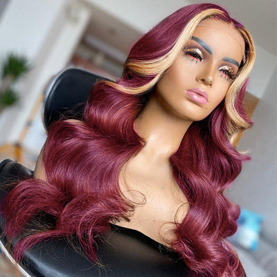 Idoli 99J Skunk Stripe Wig Body Wave Wig 13x4 Lace Front Wig