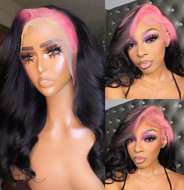 Pink And Black Color Skunk Stripe Body Wave Hair Wig 13x4 Lace Front Wig