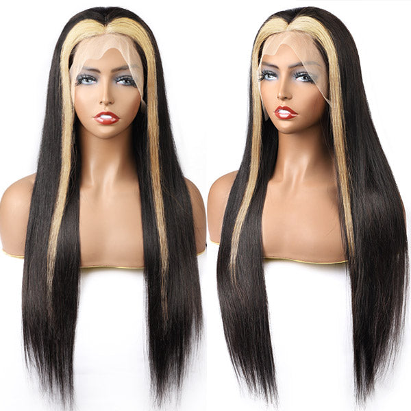 Blonde and Black Color Skunk Stripe Wig Straight Hair Wig Lace Front Wig