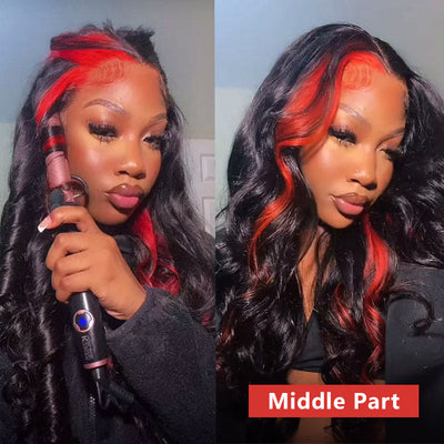 Cherry Red Skunk Stripe Wig Body Wave Wig 13x4 Lace Front Wig