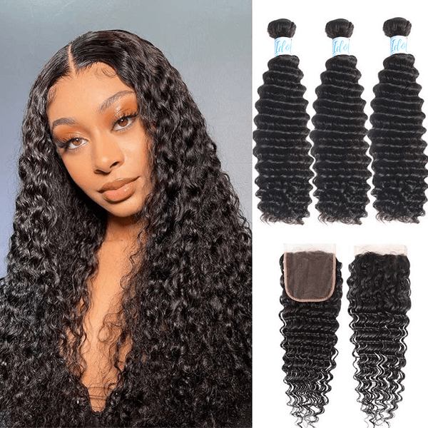 Brazilian Deep Wave Hair 3 Bundles with 4x4 Lace Closure - Idoli Hair