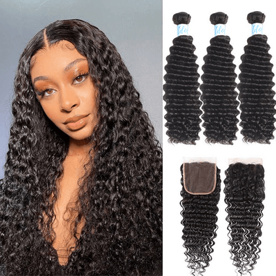 Brazilian Deep Wave Hair 3 Bundles with 4x4 Lace Closure - Idoli Hair