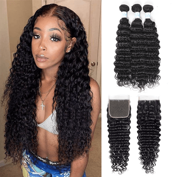 Virgin Malaysian Hair Deep Wave 3 Bundles with Closure - Idoli Hair