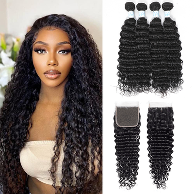Indian Deep Wave Hair 4 Bundles with Lace Closure