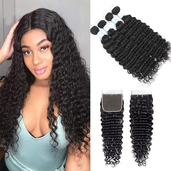 Indian Deep Wave Hair 4 Bundles with Lace Closure