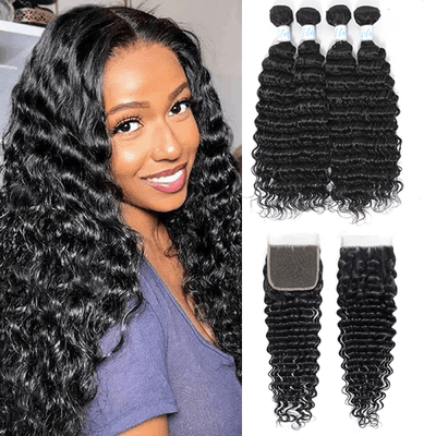 Brazilian Deep Wave Hair 4 Bundles with Lace Closure - Idoli Hair