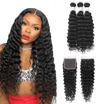 Virgin Malaysian Hair Deep Wave 3 Bundles with Closure - Idoli Hair