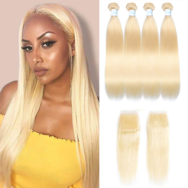 Best Indian Straight Hair Weave 4 Bundles with Closure 613 Blonde Color
