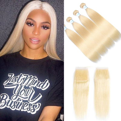 Best Indian Straight Hair Weave 4 Bundles with Closure 613 Blonde Color