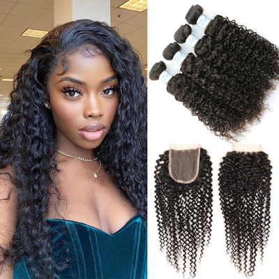 Indian Curly Hair 4 Bundles with 4x4 Lace Closure