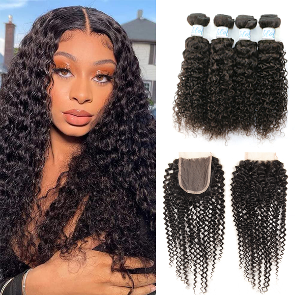 Indian Curly Hair 4 Bundles with 4x4 Lace Closure