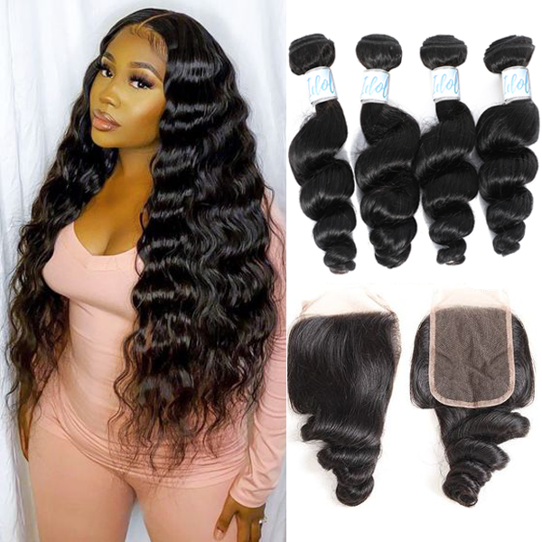 Indian Loose Wave Hair 4 Bundles with Lace Closure