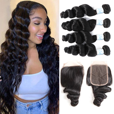 Indian Loose Wave Hair 4 Bundles with Lace Closure