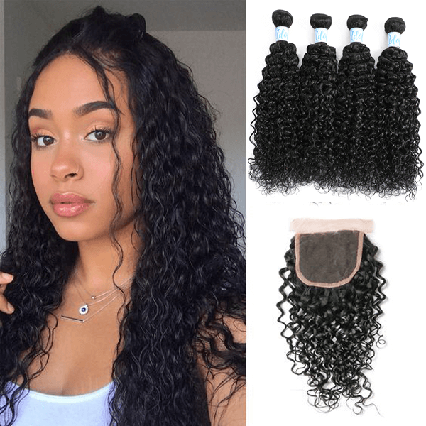 Indian Water Wave Human Hair 4 Bundles with Lace Closure - Idoli Hair