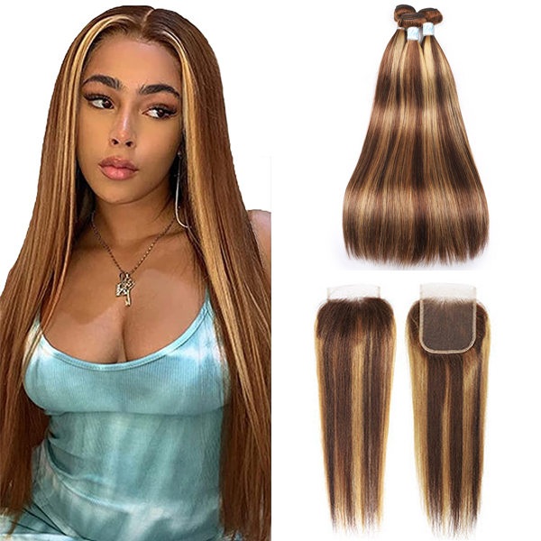 Highlights Straight Hair 3 Bundles with Closure Virgin Indian Hair