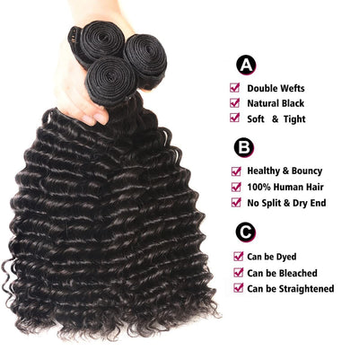 Virgin Indian Hair Deep Wave 3 Bundles with Closure - Idoli Hair