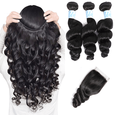 Peruvian Loose Wave Hair 3 Bundles with 4x4 Lace Closure - Idoli Hair