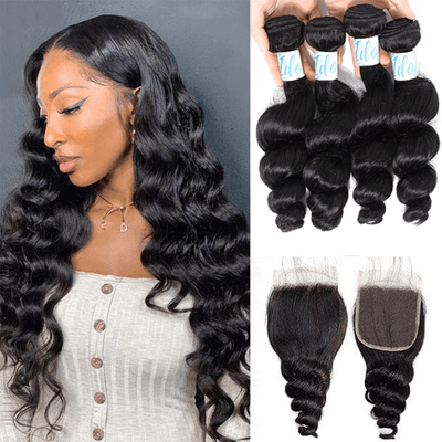 Peruvian Loose Wave Hair 4 Bundles with Lace Closure - Idoli Hair