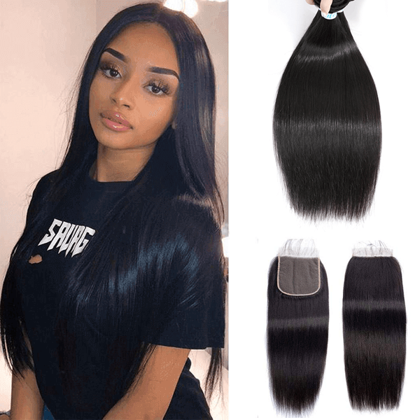 Virgin Brazilian Straight Hair 3 Bundles with 4x4 Lace Closure - Idoli Hair