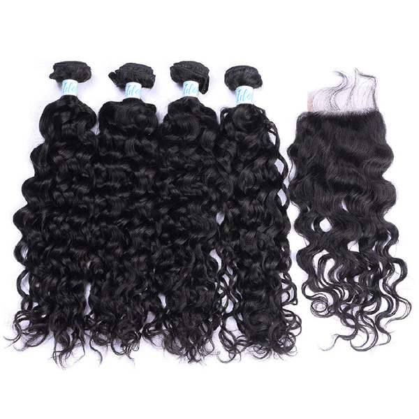 Indian Water Wave Human Hair 4 Bundles with Lace Closure - Idoli Hair