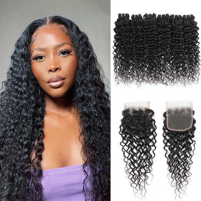 Malaysian Water Wave Human Hair 4 Bundles with Lace Closure - Idoli Hair