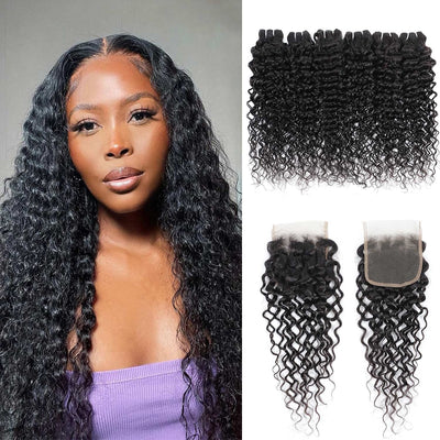 Malaysian Water Wave Human Hair 4 Bundles with Lace Closure - Idoli Hair