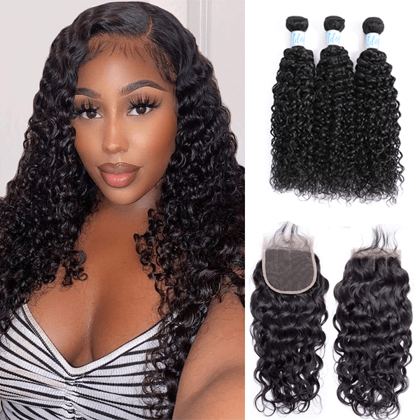 Peruvian Water Wave Hair 3 Bundles with 4x4 Lace Closure - Idoli Hair