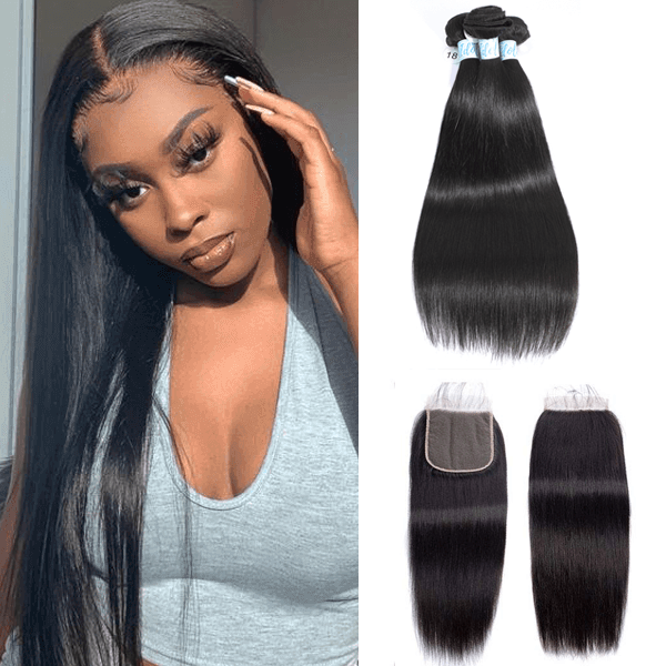 Peruvian Straight Hair 3 Bundles with 4x4 Lace Closure - Idoli Hair