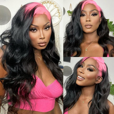Pink And Black Color Skunk Stripe Body Wave Hair Wig 13x4 Lace Front Wig
