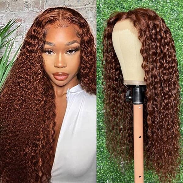 Reddish Brown Color Wig 13x4 Lace Front Wig Water Wave Wig Pre-plucked Hairline