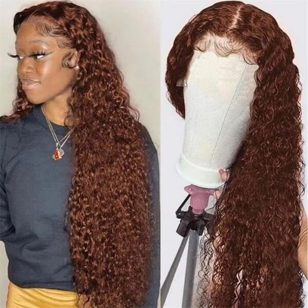 Reddish Brown Color Wig 13x4 Lace Front Wig Water Wave Wig Pre-plucked Hairline